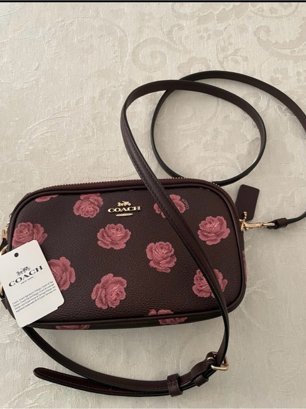 Coach Burgundy Crossbody Bag with Pink Floral Print